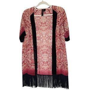 Petticoat Alley Bohemian Velvet Trim Fringe‎ Open Kimono Cardigan XS Maroon